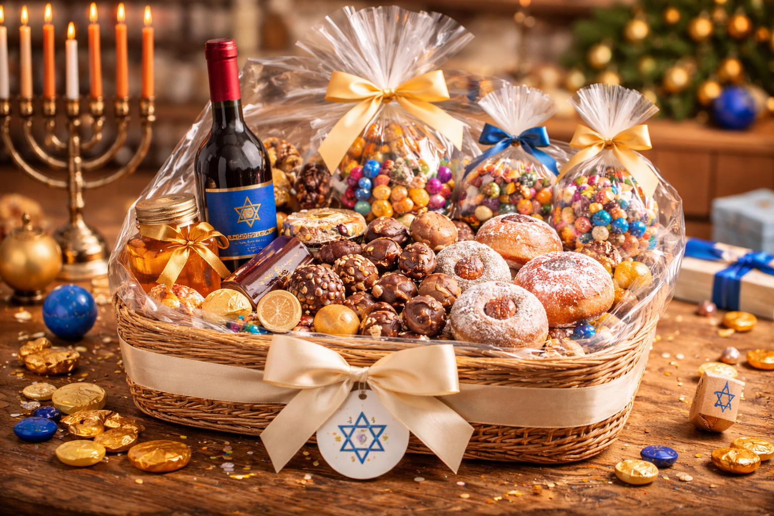 מארז חגיגי הכולל שוקולדים, ממתקים ויין בעיצוב אלגנטי לשולחן חג יהודי